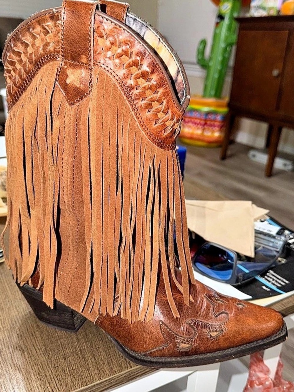 Dingo Women's Fringe Western Boots Brown leather boots square toe US 9M